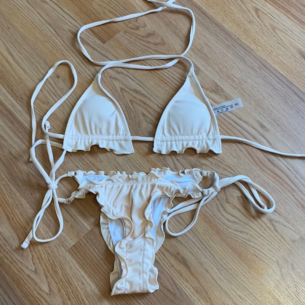 SHEIN rib lettuce trim triangle tie side bikini